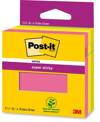 Post-it® Super Sticky Notes, farbig, 76 mm x 76 mm, 3 x 45 Blatt