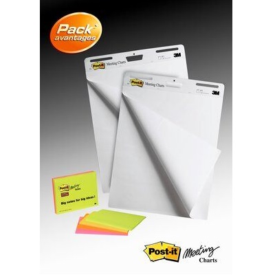 Post-it® Super Sticky selbsthaftendes Meeting Chart/Flipchart 559P, Weiß, 63.5 cm x 76.2 cm, Promotion + Post-it® Super Sticky Meeting Notes, Verschiedene Neonfarben, 2 Blöcke + 4 Gratis/Packung