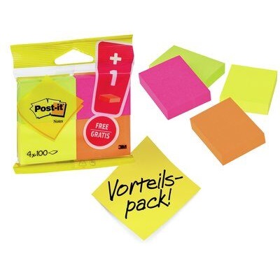 Post-it® Haftnotizen, verschiedene Neonfarben, 38 mm x 51 mm, 100 Blatt/Block, 3 + 1 Blöcke/Packung